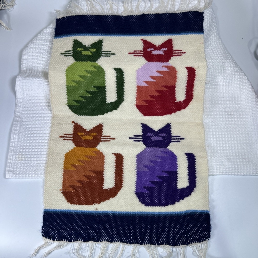 Peruvian Textile Wool Mat Rug Handwoven Cats Wall Hanging 11x16 inch Blue